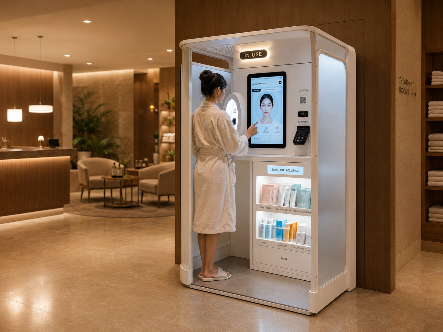 호텔 스파 라운지에 설치된 AI 피부분석 뷰티 부스
