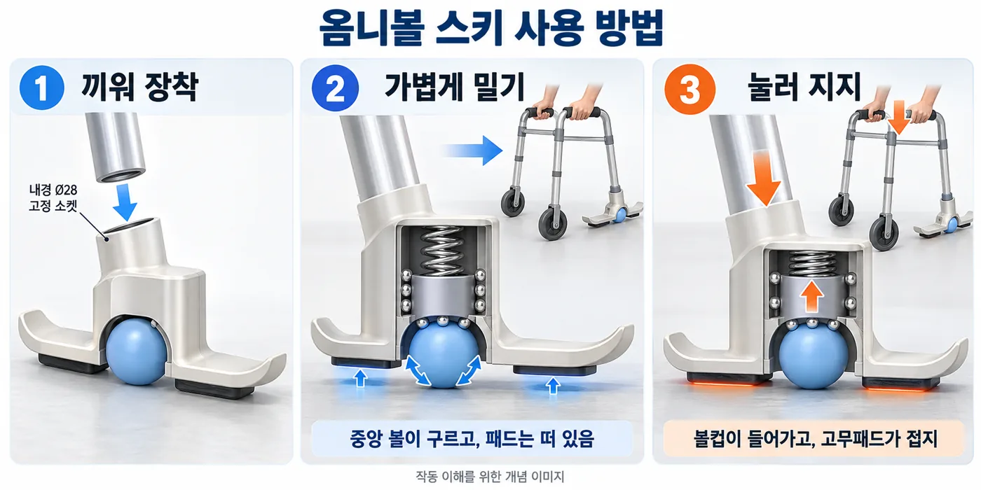 사용 흐름 설명용 개념 이미지 · 검증된 사용설명서가 아닙니다. 이미지 내 치수·접촉·지지 표현은 확정 사양이나 검증 성능으로 채택하지 않습니다.